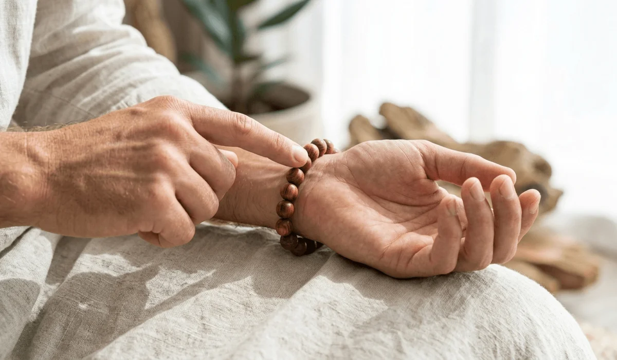 Close-up of a person wearing an authentic sandalwood bracelet for mindfulness and energy attraction.