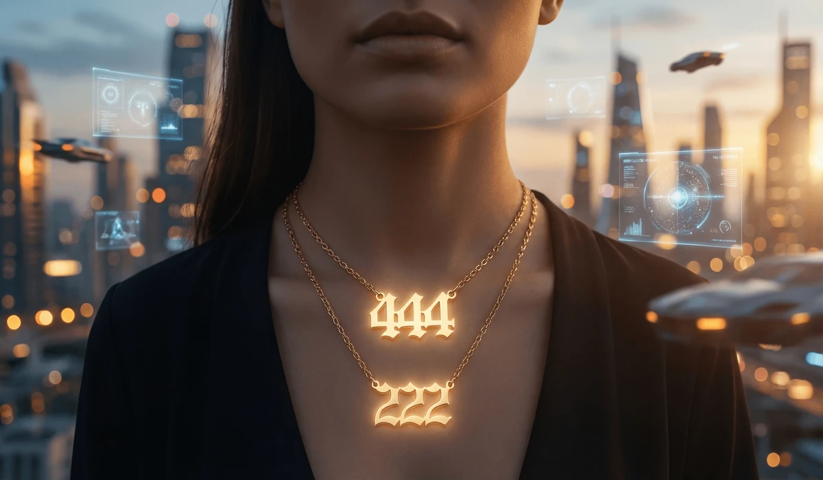 Close-up of luxury gold angel number jewelry 444 and 222 worn as a spiritual mindfulness anchor in a modern city.