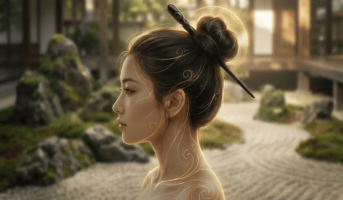 Artistic representation of a hair stick placed at the crown for spiritual energy alignment and Feng Shui balance.