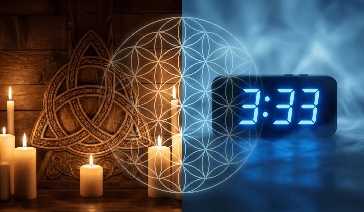 A comparison between the traditional Holy Trinity symbol and a modern digital clock showing 3:33, illustrating the connection between ancient faith and modern synchronicity.