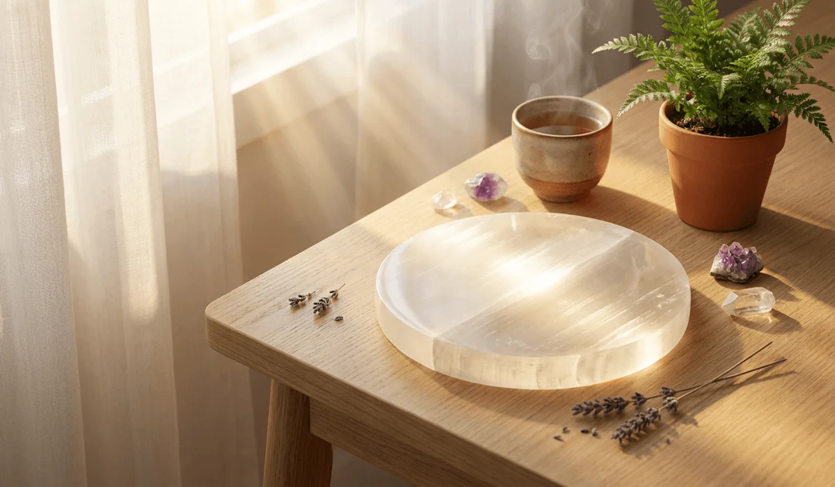 Polished round Satin Spar selenite charging plate resting on a wooden table catching warm morning sunlight.