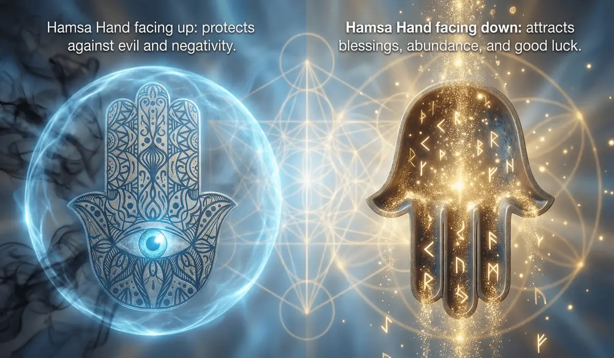 Comparison of Hamsa Hand fingers up for protection versus fingers down for abundance and luck.