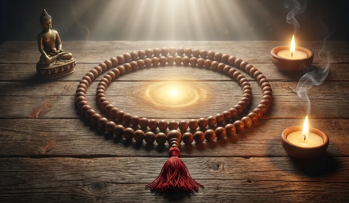 A symbolic arrangement of wooden mala beads on an altar representing the spiritual journey and the sacred number 108 in meditation.