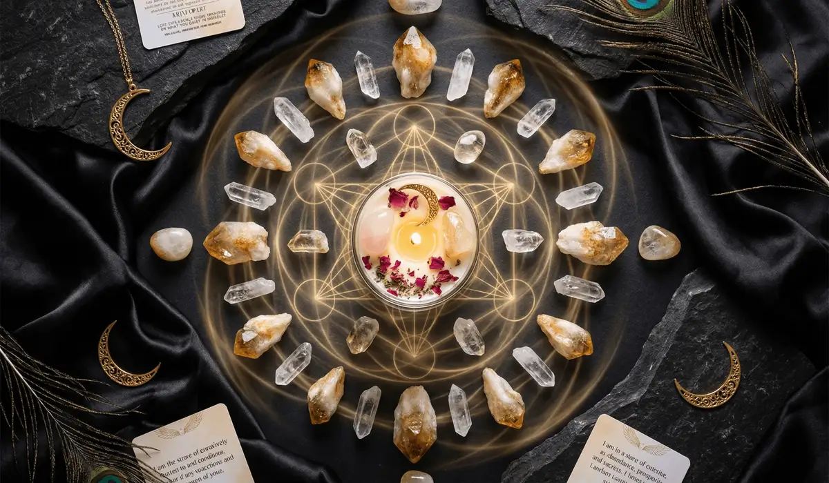 Ritual setup with an 888 angel number candle and crystals, showing the synergistic energy field for manifesting abundance.