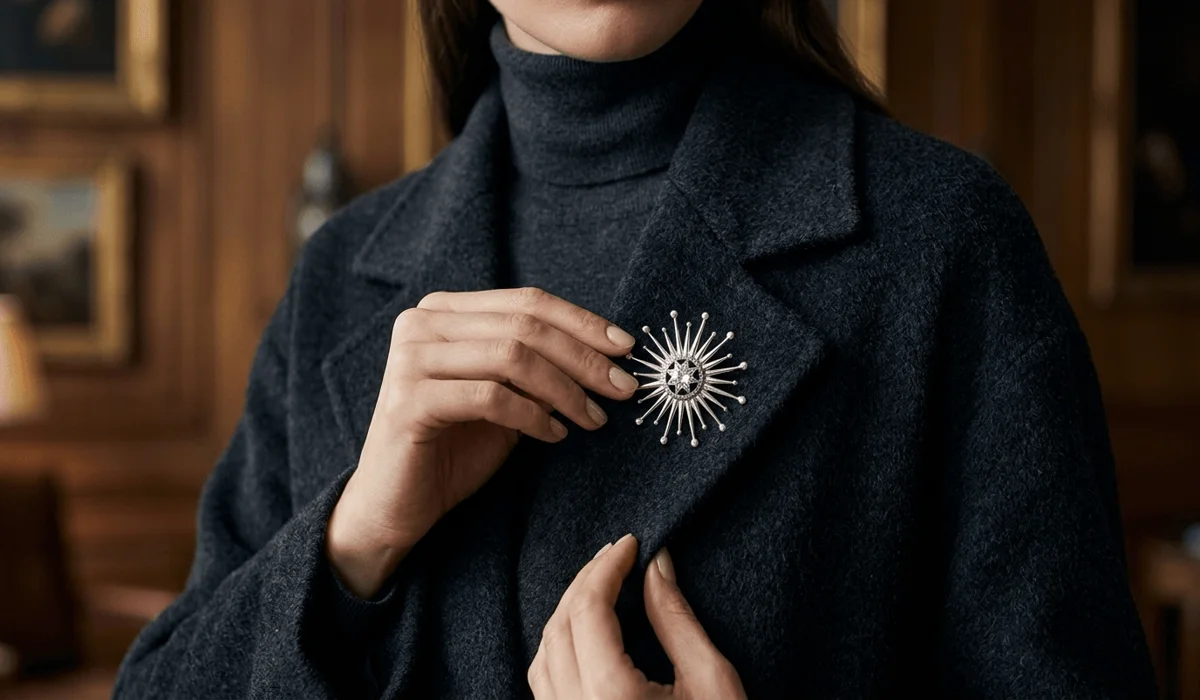 Close-up of a person pinning a brooch on the left side of the coat to align with the heart chakra for good luck.