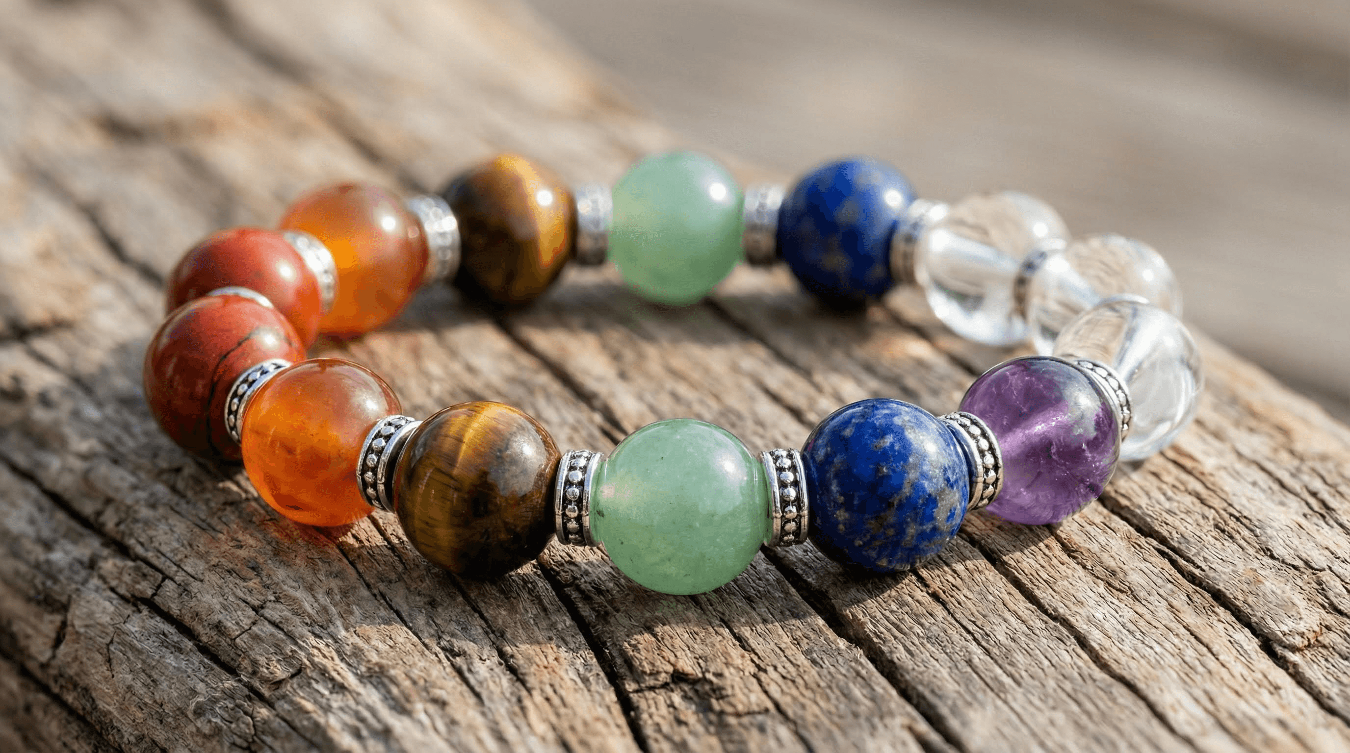 Close-up of a 7 chakra bracelet showing the seven different natural gemstones and metal spacers on a wooden background.