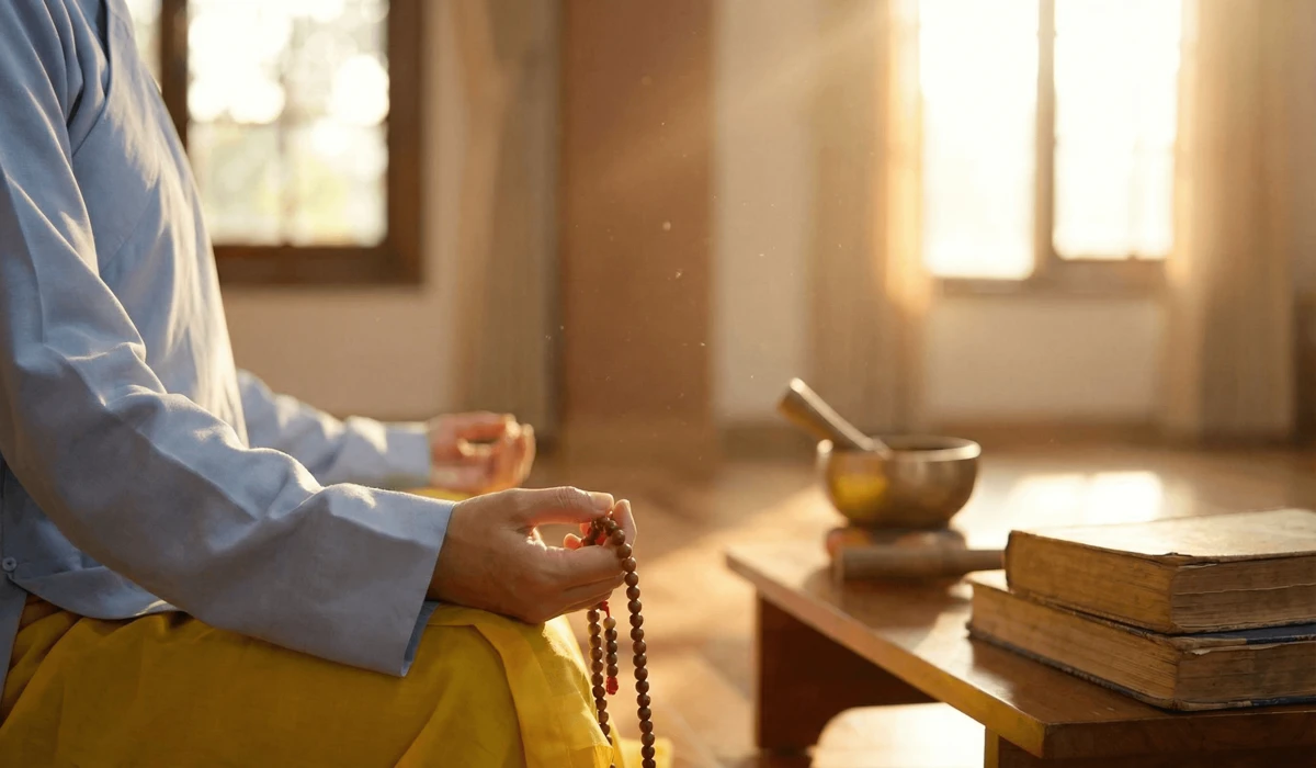 A person meditating while wearing a wooden Buddha bead necklace to enhance spiritual growth and mindfulness.