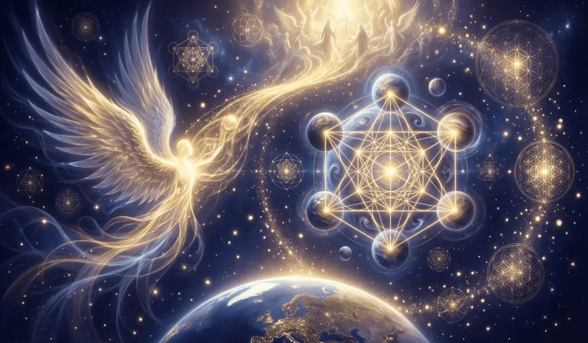 Ethereal depiction of sacred geometry and celestial hierarchies representing the ancient origins of angel numbers and spirit guides.