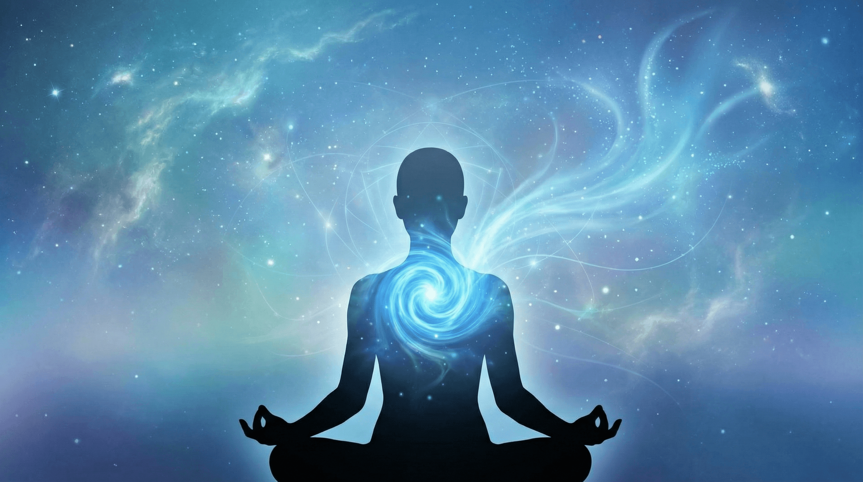 An ethereal illustration of the blue Throat Chakra energy center glowing at the base of the throat during meditation.