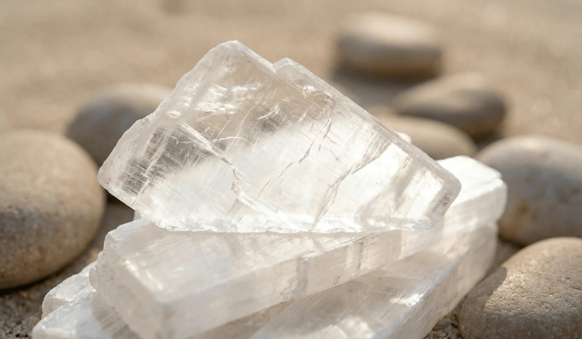 Raw translucent Selenite crystal slabs showing natural liquid light glow and fibrous gypsum texture.