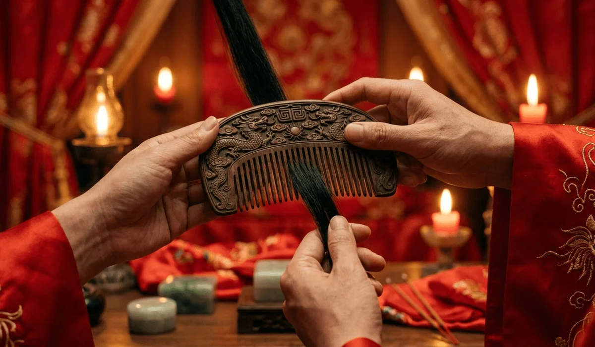 Traditional Chinese Jie Fa hair-tying ritual featuring an intricate wooden comb representing the spiritual vow of Bai Tou Xie Lao.