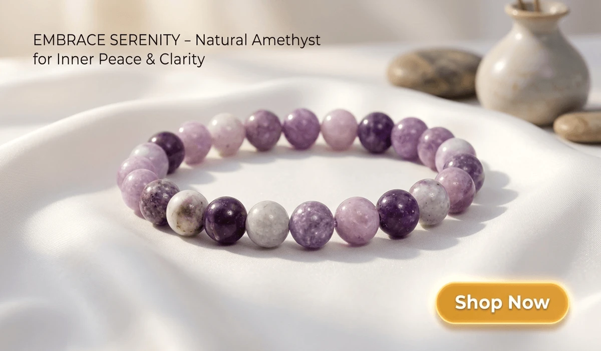 Natural Amethyst Bracelet for Inner Peace and Cognitive Clarity featured on a premium blog illustration with a Shop Now button.