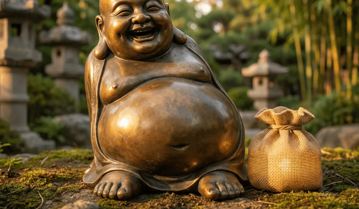 Detailed symbolic representation of the Laughing Buddha's large belly and enlightened laughter, signifying abundance and spiritual grounding.