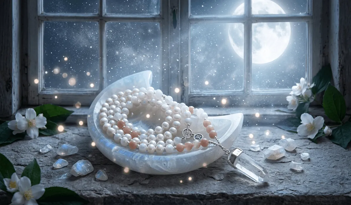 Pearl mala beads illuminated by moonlight, symbolizing lunar energy, purity, and the divine feminine.