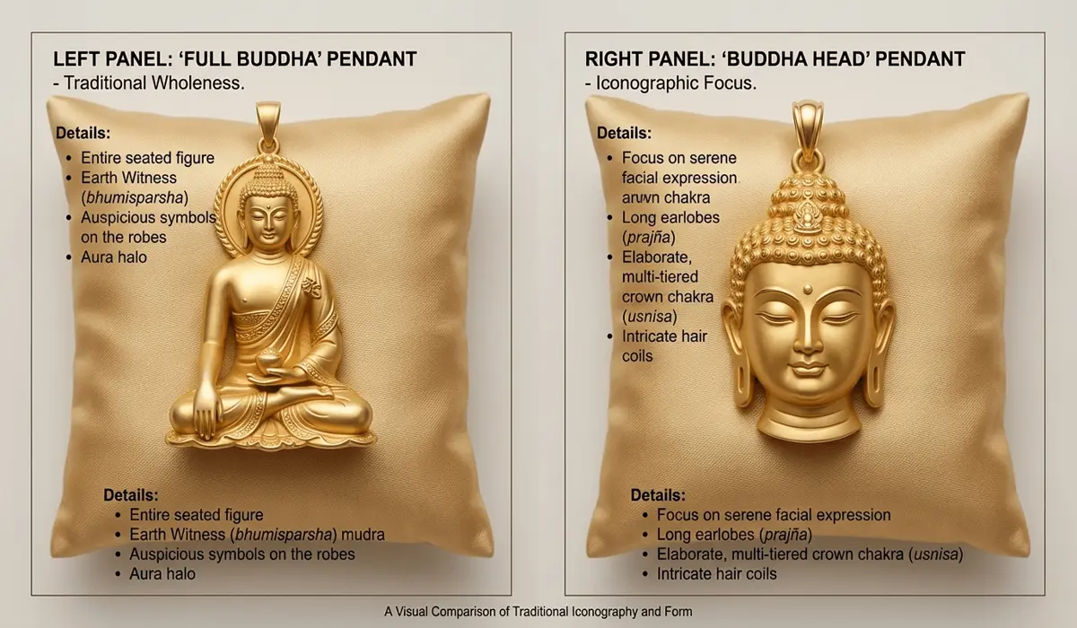 Comparison between a full body Buddha pendant and a Buddha head pendant to illustrate cultural nuances.