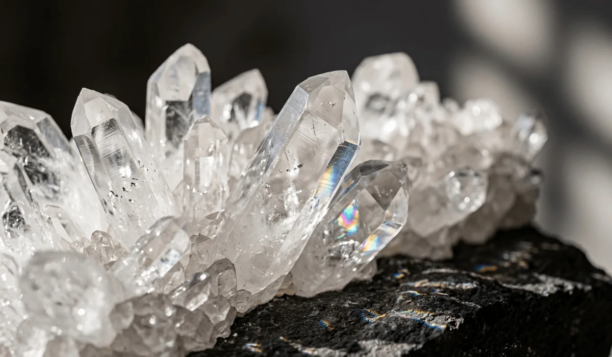 A high-quality natural Clear Quartz crystal cluster showing transparent hexagonal points and internal light-reflecting veils.