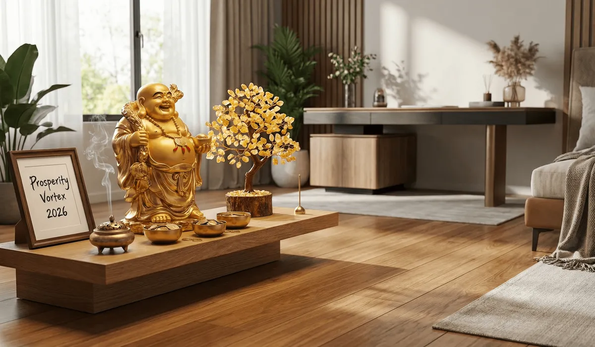 A properly elevated Laughing Buddha statue on a wealth altar alongside a Citrine Money Tree to create a high-vibrational prosperity vortex.