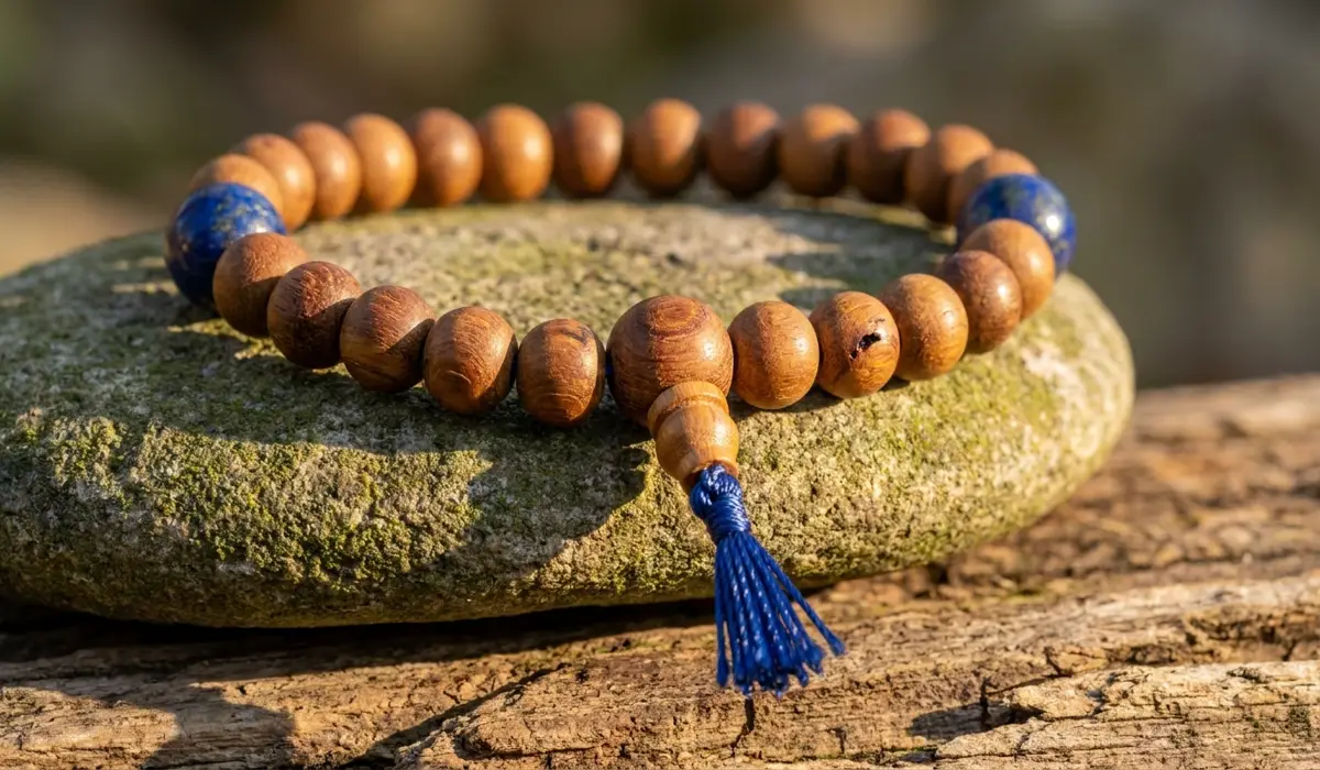 A 27-bead sandalwood and lapis lazuli wrist mala with a guru bead, symbolizing meditation accessories for beginners.