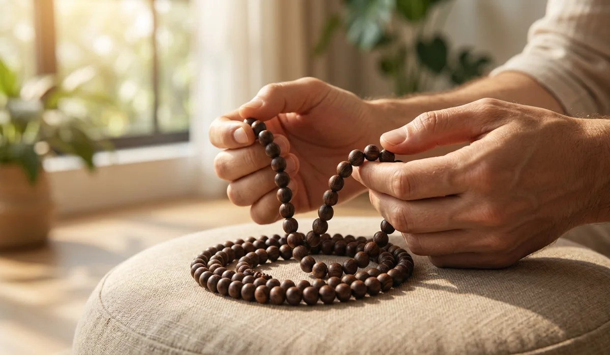 Close-up of hands using wooden mala beads for grounding meditation in a bright, peaceful room.