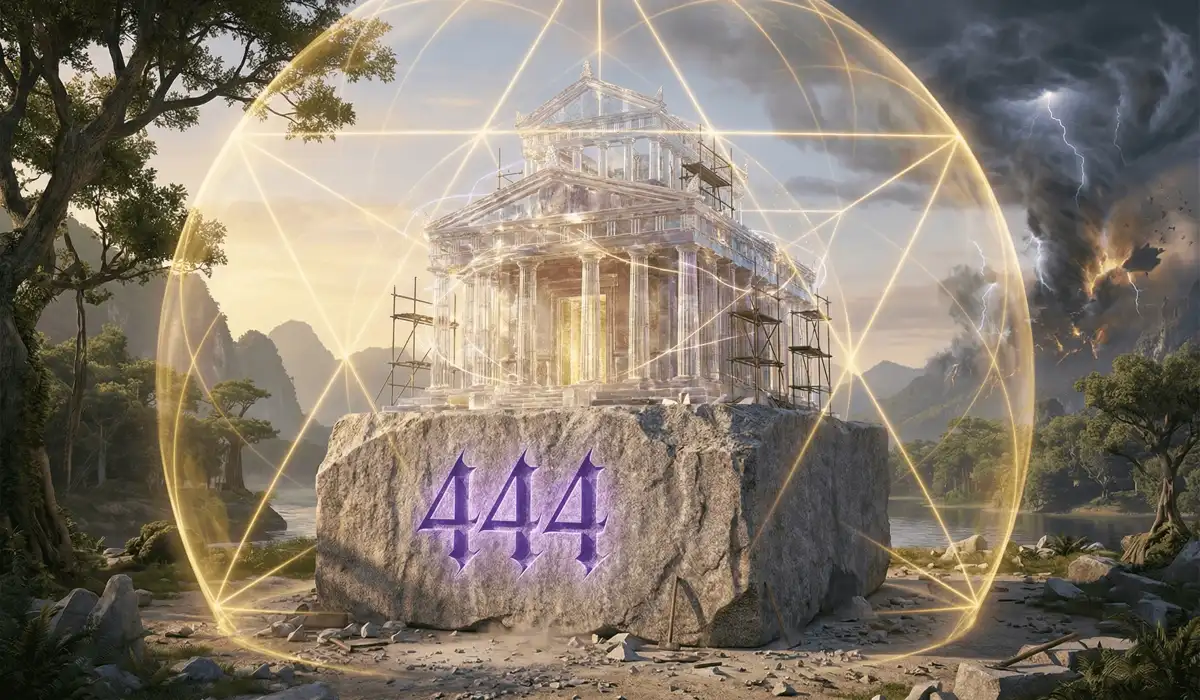 A glowing 444 symbol on a granite foundation of a spiritual temple protected by a golden energy shield.