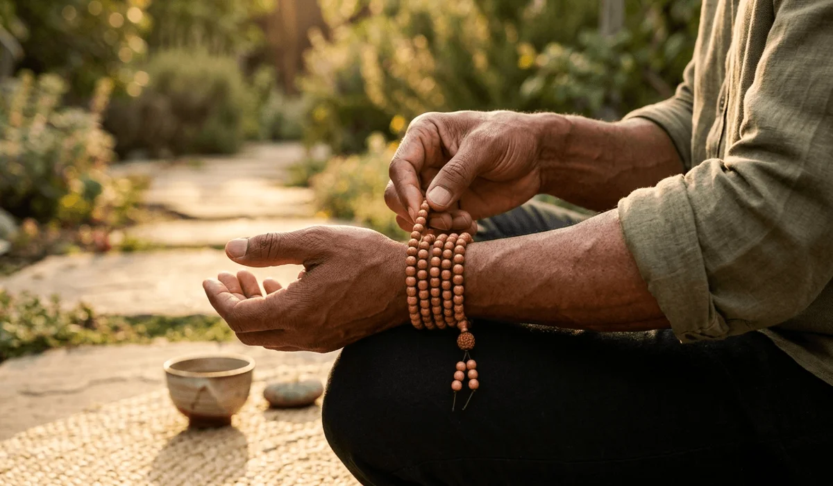 Person wearing a gemstone mala necklace on the left wrist for spiritual energy and mindfulness practice.