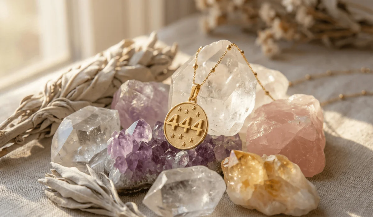 Elegant 444 angel number gold jewelry pendant on healing crystals used as a mindfulness anchor for emotional protection.