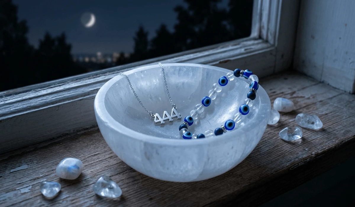 444 and Evil Eye jewelry recharging in a selenite bowl on a windowsill under moonlight for energetic maintenance.