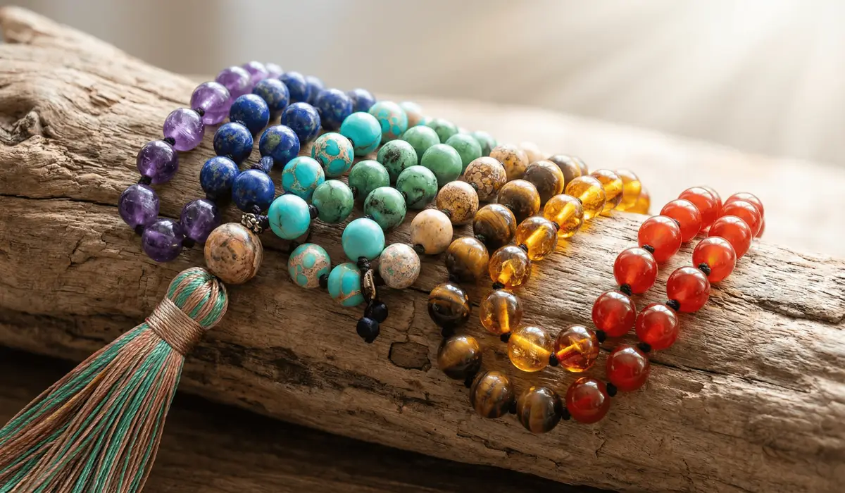 A 108-bead 7 chakra mala necklace featuring natural gemstones from root to crown chakra colors on a driftwood surface.