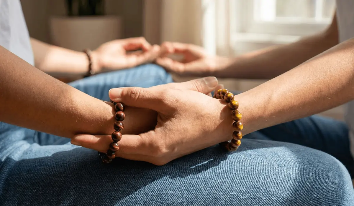 Close-up of Tiger's Eye bracelets worn on left and right hands for energy balance and manifestation.