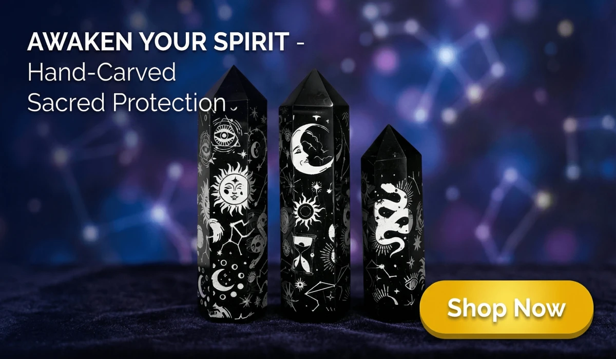 Set of 3 Silver Moon and Star Totem Obsidian Crystal Pillars for spiritual healing and celestial home decor
