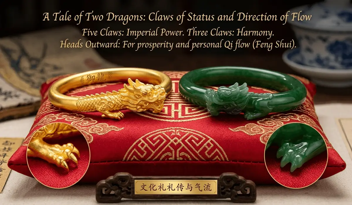 Comparison of 5-clawed gold and 3-clawed jade dragon bracelets following cultural etiquette.