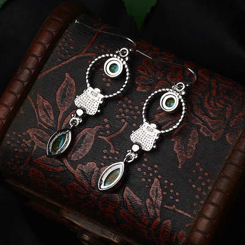 925 Sterling Silver Hook Vintage Copper Plated Silver Turquoise Waterdrop Pattern Balance Drop Dangle Earrings