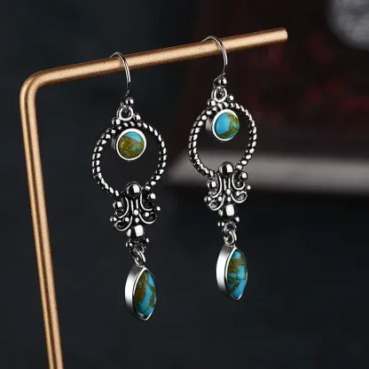 925 Sterling Silver Hook Vintage Copper Plated Silver Turquoise Waterdrop Pattern Balance Drop Dangle Earrings
