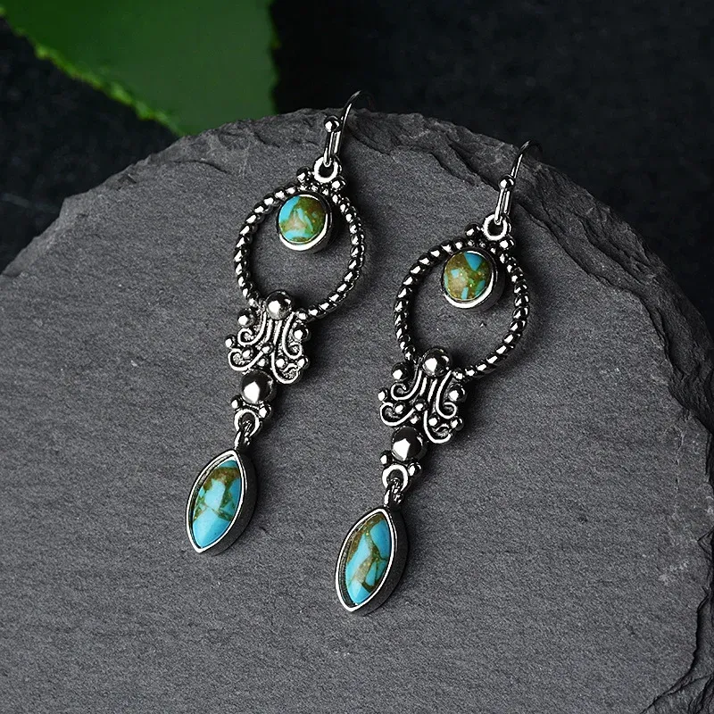 925 Sterling Silver Hook Vintage Copper Plated Silver Turquoise Waterdrop Pattern Balance Drop Dangle Earrings