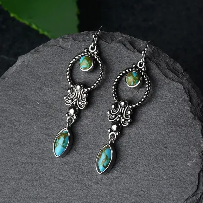925 Sterling Silver Hook Vintage Copper Plated Silver Turquoise Waterdrop Pattern Balance Drop Dangle Earrings
