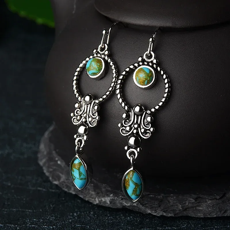 925 Sterling Silver Hook Vintage Copper Plated Silver Turquoise Waterdrop Pattern Balance Drop Dangle Earrings