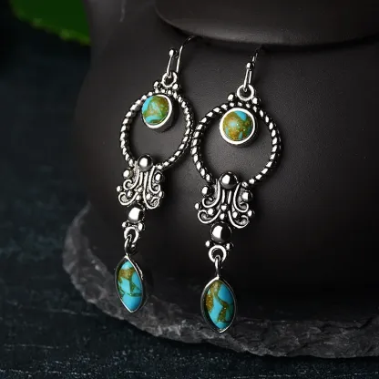 925 Sterling Silver Hook Vintage Copper Plated Silver Turquoise Waterdrop Pattern Balance Drop Dangle Earrings