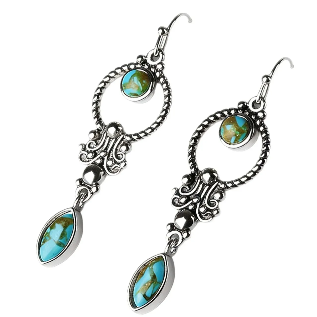 925 Sterling Silver Hook Vintage Copper Plated Silver Turquoise Waterdrop Pattern Balance Drop Dangle Earrings