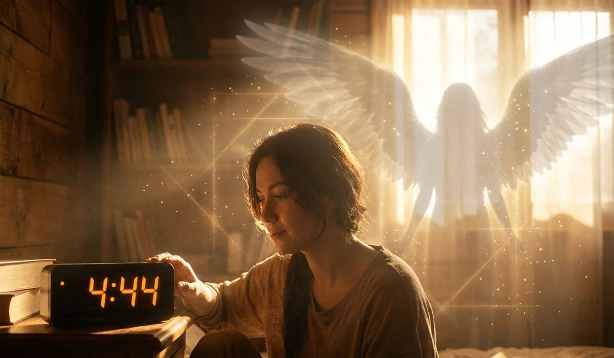 A person witnessing the 444 angel number on a digital clock, symbolizing spiritual awakening and divine messages from guardian angels.