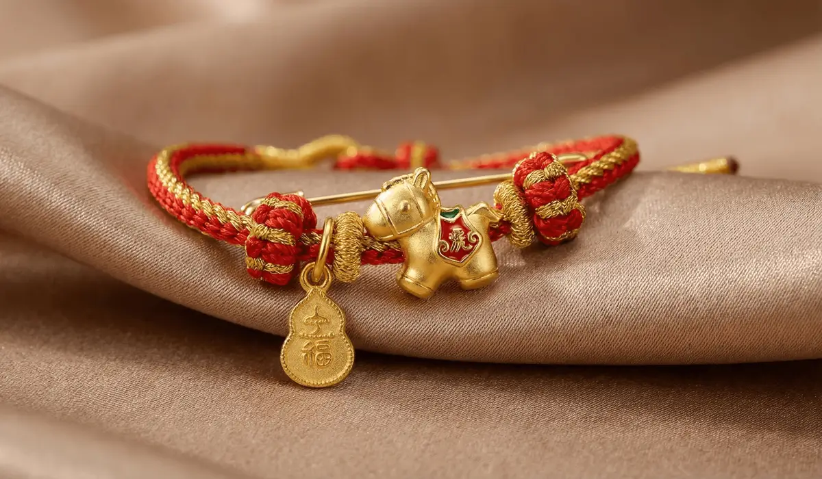 A detailed close-up of a traditional Chinese red string pin with gold charms for Ben Ming Nian protection.
