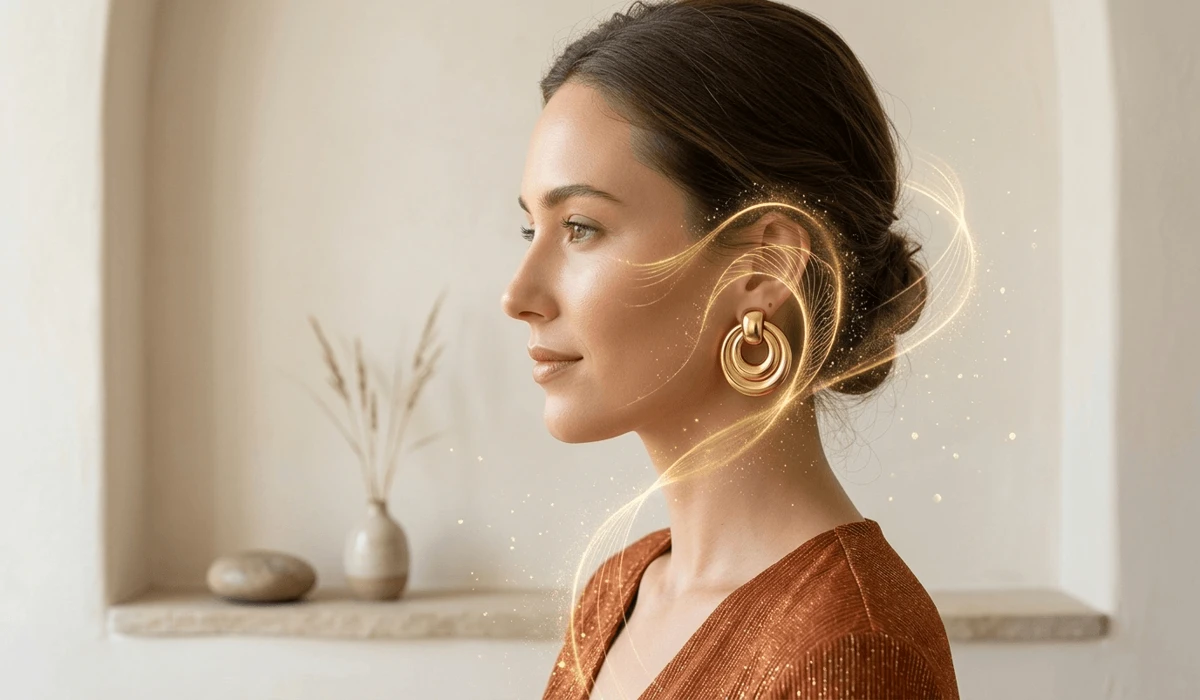 A woman wearing gold circular Feng Shui earrings with glowing golden Qi energy lines symbolizing harmony and energy flow.