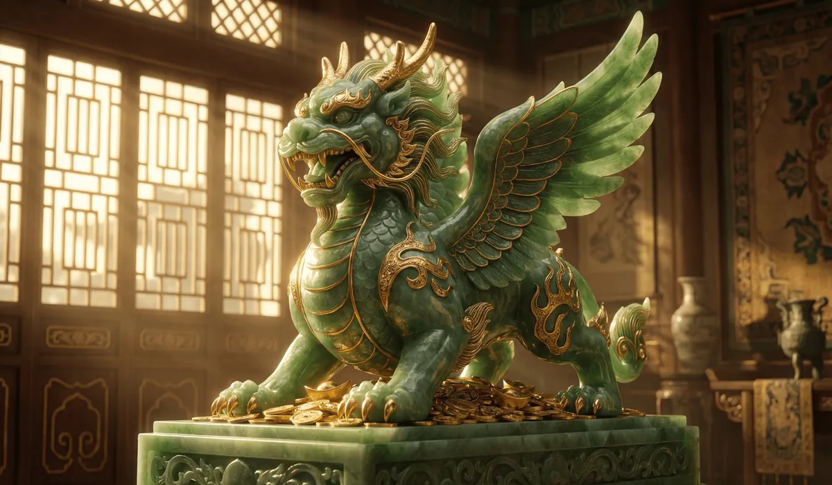 A mythical Pixiu creature made of jade and gold, symbolizing wealth attraction and protection in Feng Shui.