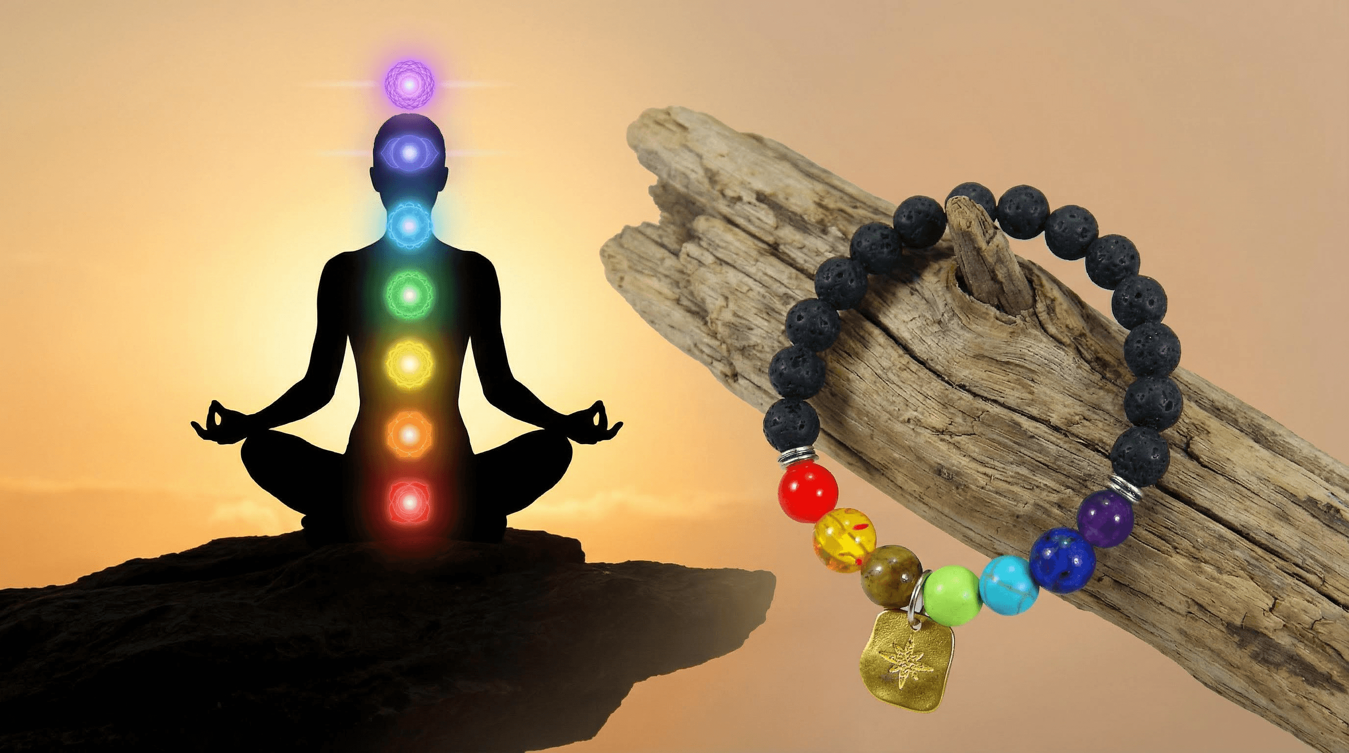 Spiritual representation of the 7 chakras and a lava stone bracelet symbolizing energy balance and grounding.