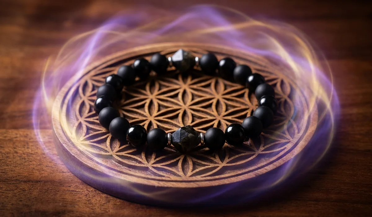 A high-quality close-up of a Black Tourmaline and Obsidian protection bracelet on a sacred geometry plate, symbolizing a spiritual shield.