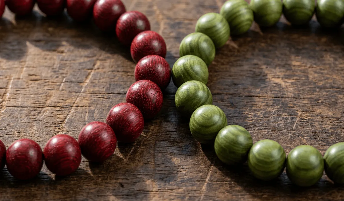 Direct visual comparison between red sandalwood beads with deep crimson grain and green sandalwood beads showing olive green texture.