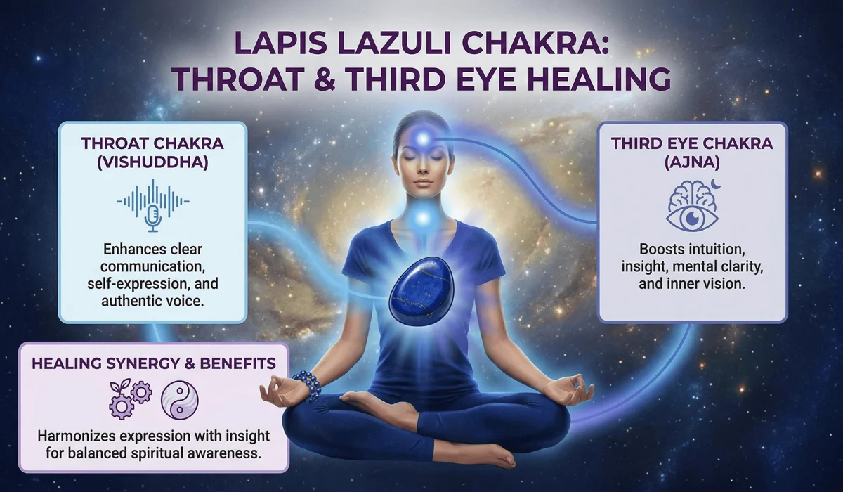 A visual representation of Third Eye and Throat Chakra alignment using a Lapis Lazuli bracelet for intuition enhancement and spiritual insight.