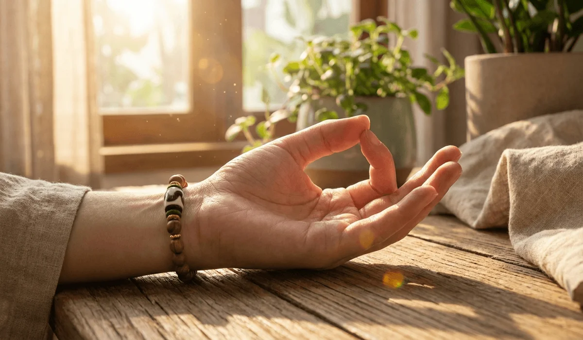 A person wearing a Tibetan Dzi bead bracelet on the left hand during meditation for receiving protective energy.