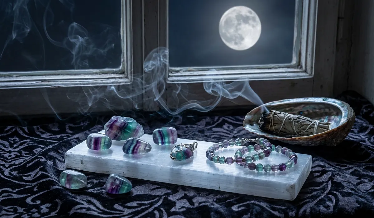 Rainbow Fluorite crystals being charged under full moonlight on a Selenite plate for energetic cleansing.