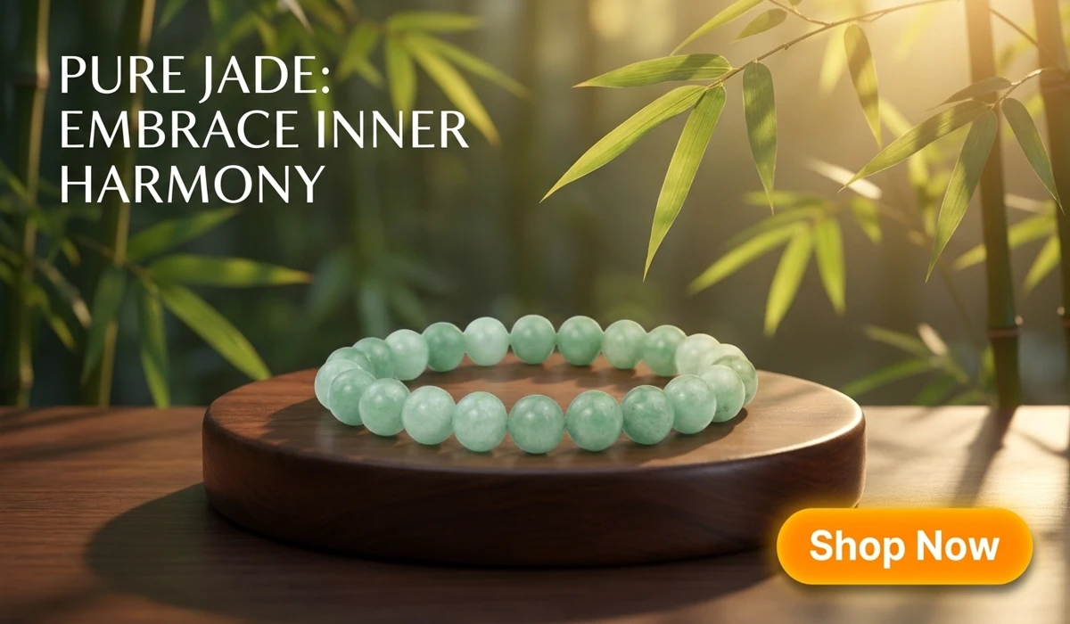 Premium Jade Beaded Bracelet for Spiritual Protection and Inner Harmony, styled in a Zen aesthetic for a wellness blog with a Shop Now call to action.