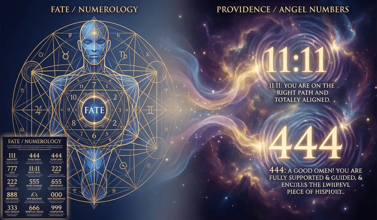 Visual comparison between the fixed soul blueprint of Numerology and the dynamic synchronicity of Angel Numbers.
